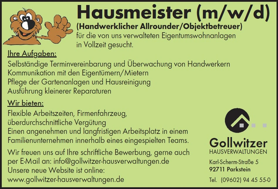 Stellenanzeige Hausmeister (m/w/d) bei Gollwitzer Hausverwaltungen